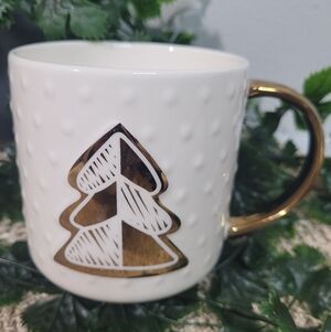 White Mug with Gold Tree Design. Christmas.